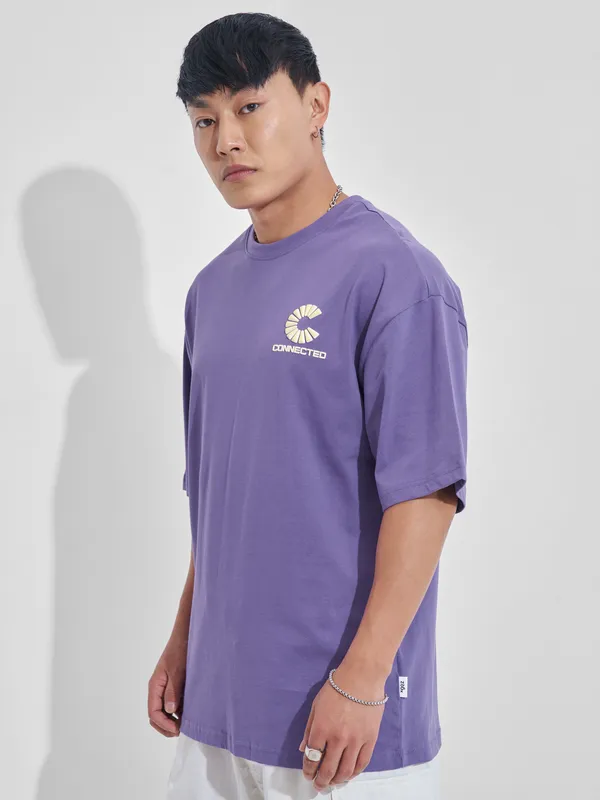 Highlander Men Purple Printed Round Neck Oversized Fit T-Shirt