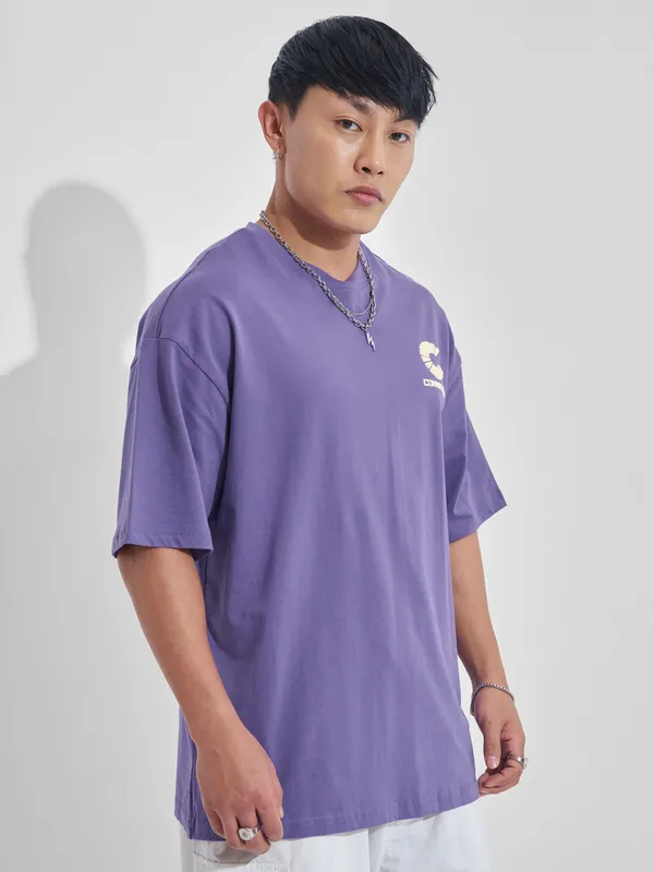 Highlander Men Purple Printed Round Neck Oversized Fit T-Shirt