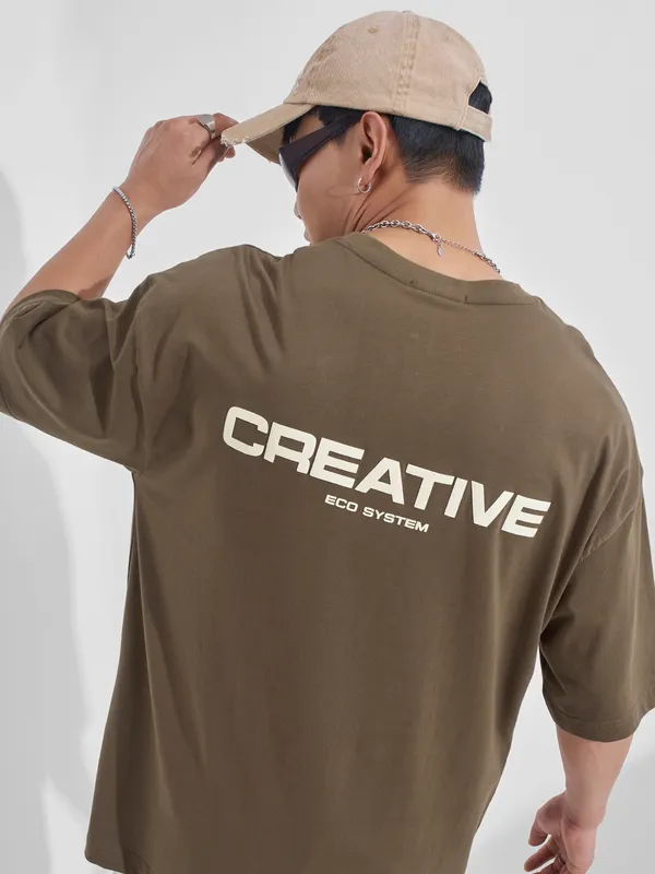 Highlander Men Khaki Printed Round Neck Oversized Fit T-Shirt