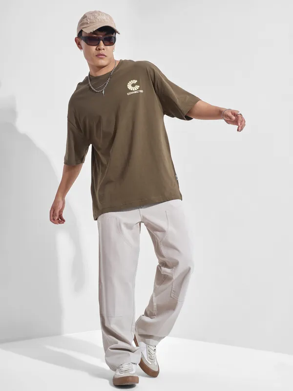 Highlander Men Khaki Printed Round Neck Oversized Fit T-Shirt