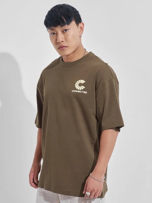 Highlander Men Khaki Printed Round Neck Oversized Fit T-Shirt