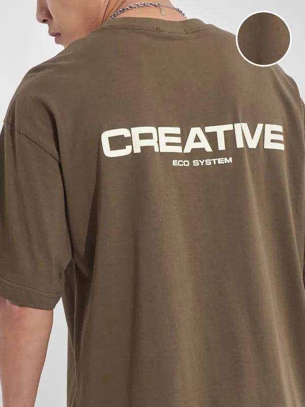 Highlander Men Khaki Printed Round Neck Oversized Fit T-Shirt