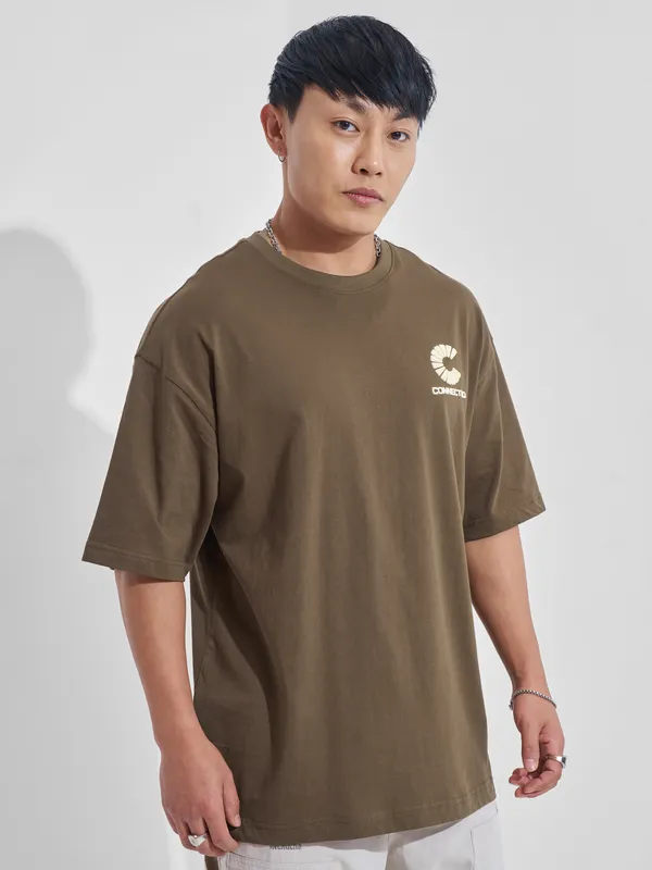 Highlander Men Khaki Printed Round Neck Oversized Fit T-Shirt