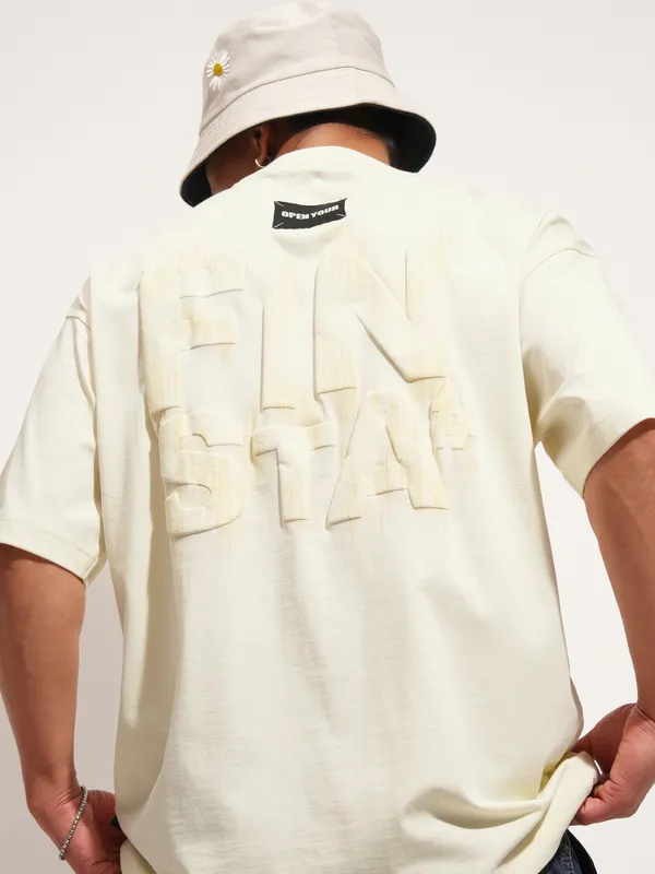 Highlander Men Cream Printed Round Neck Oversized Fit T-Shirt