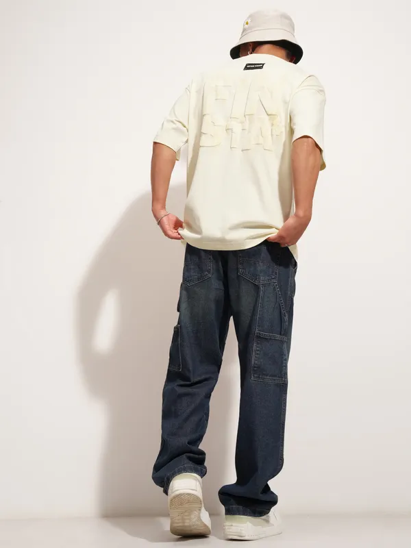 Highlander Men Cream Printed Round Neck Oversized Fit T-Shirt