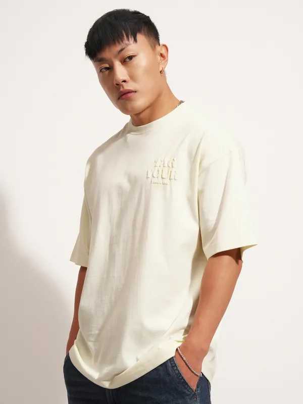 Highlander Men Cream Printed Round Neck Oversized Fit T-Shirt