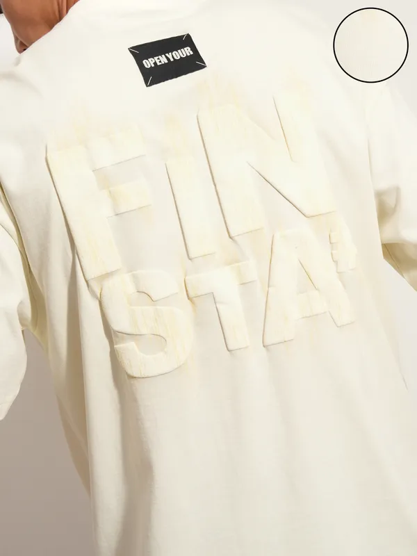 Highlander Men Cream Printed Round Neck Oversized Fit T-Shirt