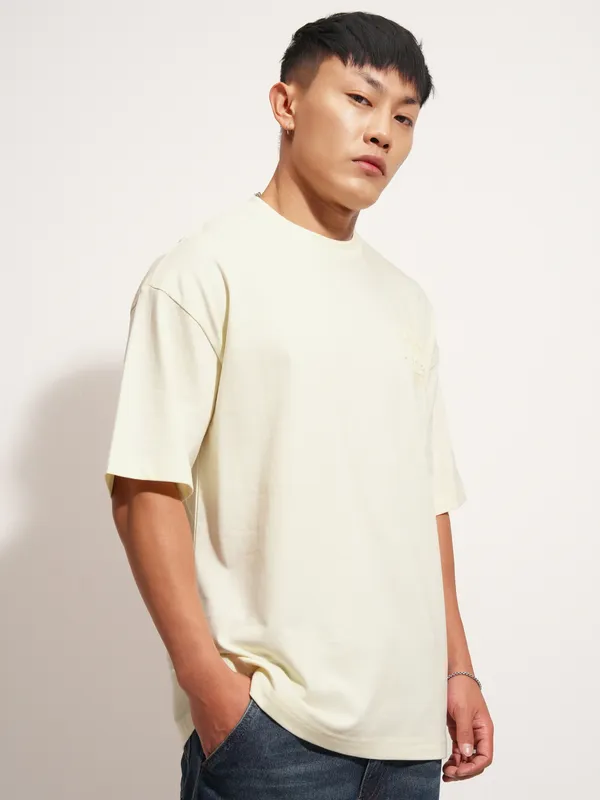 Highlander Men Cream Printed Round Neck Oversized Fit T-Shirt