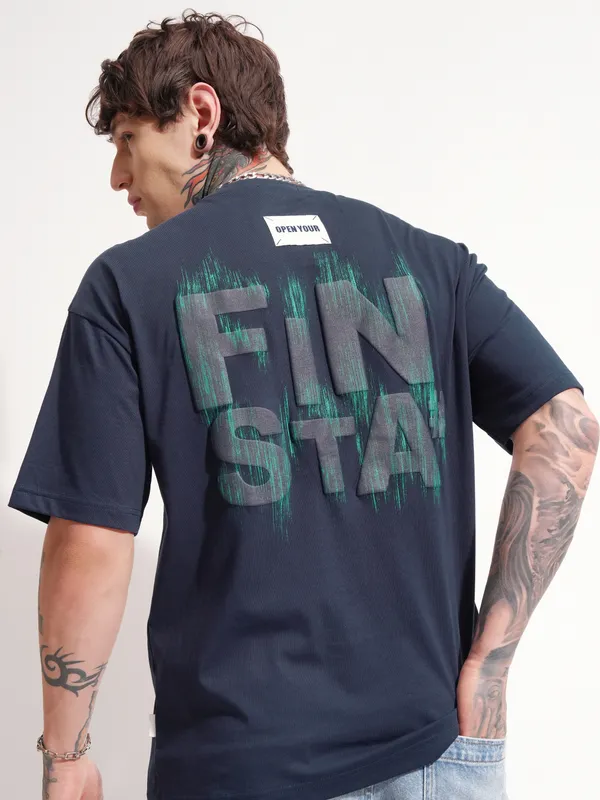 Highlander Men Navy Blue Printed Round Neck Oversized Fit T-Shirt