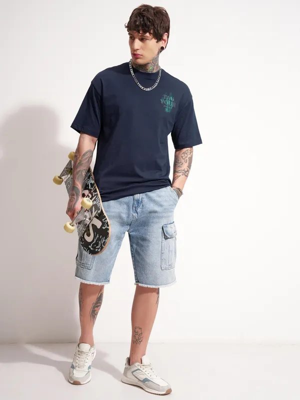 Highlander Men Navy Blue Printed Round Neck Oversized Fit T-Shirt