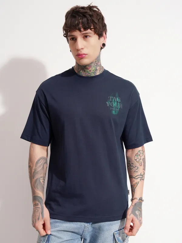 Highlander Men Navy Blue Printed Round Neck Oversized Fit T-Shirt