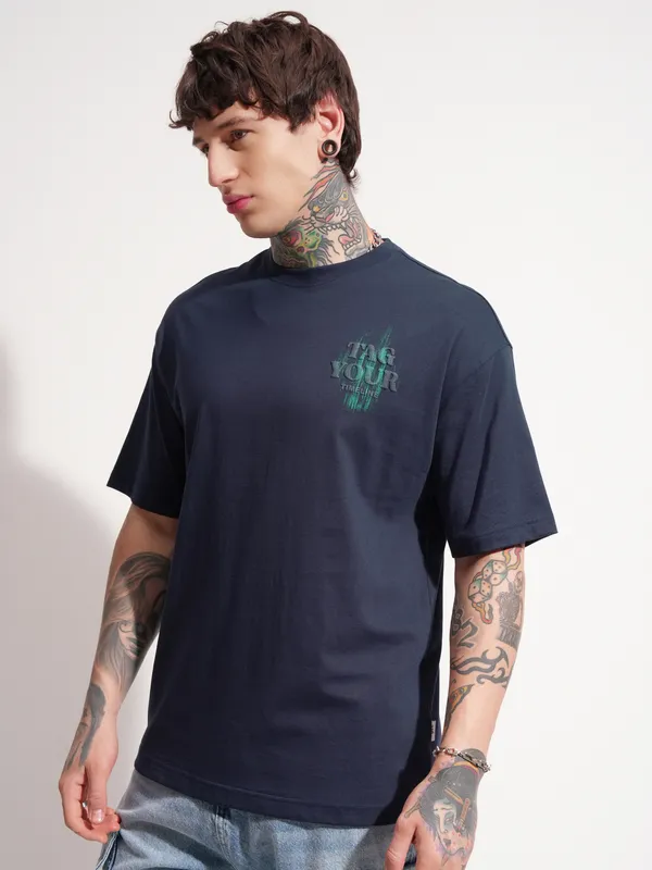 Highlander Men Navy Blue Printed Round Neck Oversized Fit T-Shirt