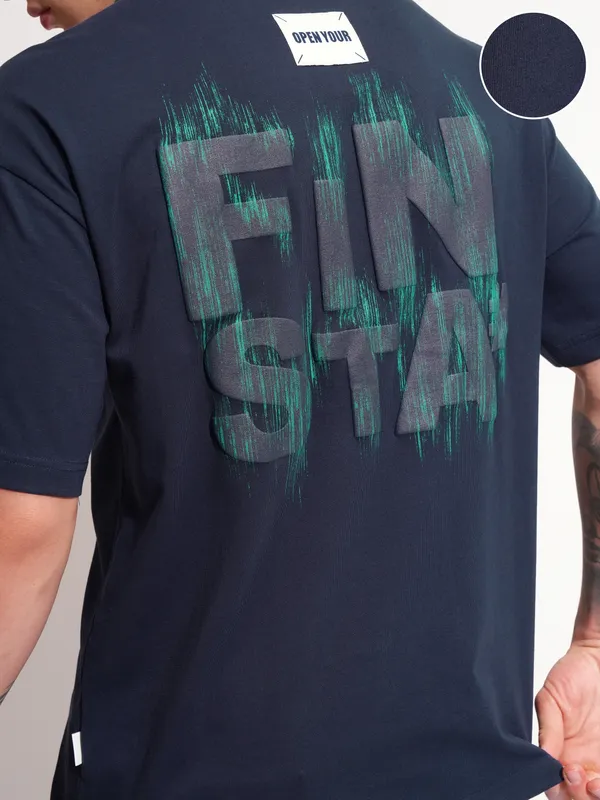 Highlander Men Navy Blue Printed Round Neck Oversized Fit T-Shirt