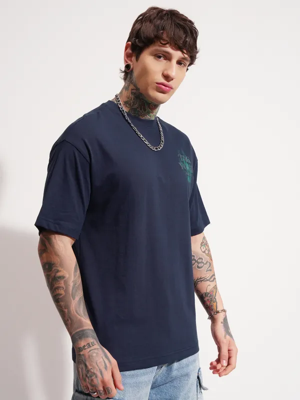 Highlander Men Navy Blue Printed Round Neck Oversized Fit T-Shirt