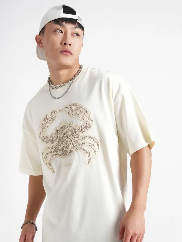 Highlander Men Cream Printed Round Neck Oversized Fit T-Shirt