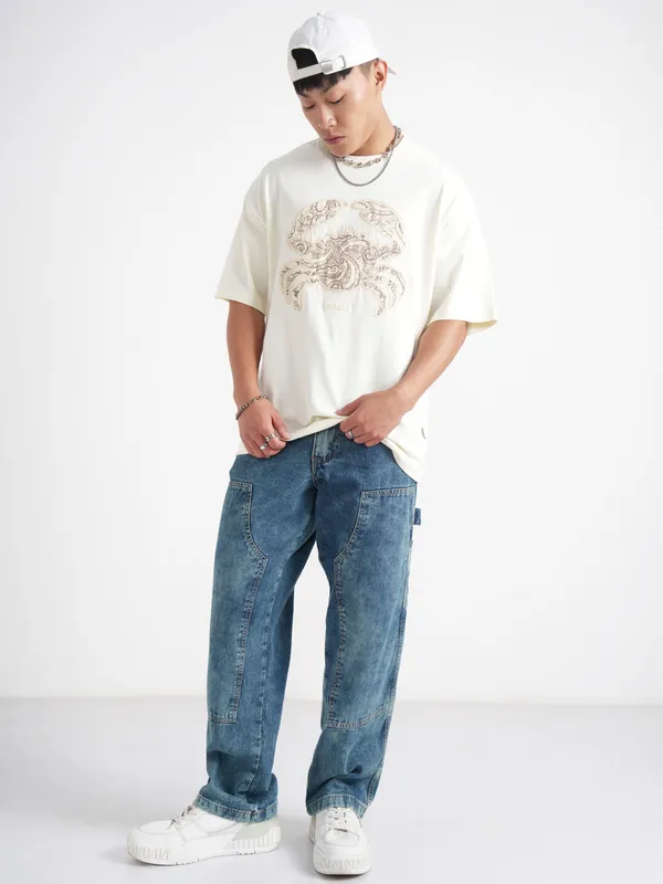 Highlander Men Cream Printed Round Neck Oversized Fit T-Shirt