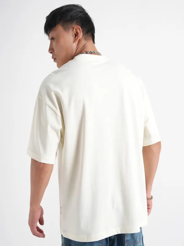 Highlander Men Cream Printed Round Neck Oversized Fit T-Shirt