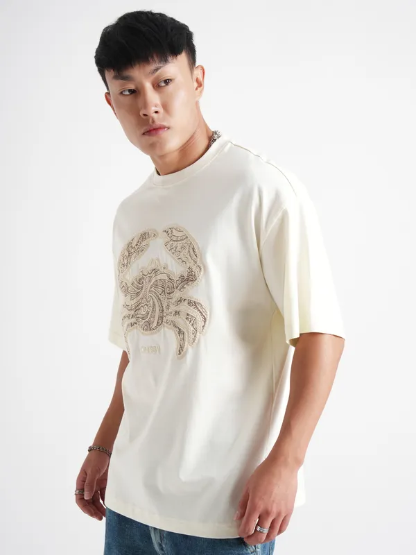 Highlander Men Cream Printed Round Neck Oversized Fit T-Shirt