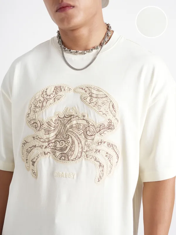 Highlander Men Cream Printed Round Neck Oversized Fit T-Shirt