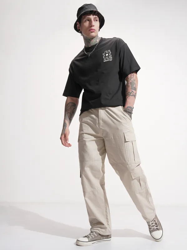 Highlander Men Black Printed Round Neck Oversized Fit T-Shirt