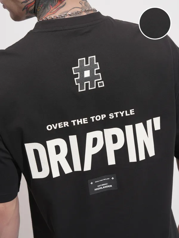 Highlander Men Black Printed Round Neck Oversized Fit T-Shirt