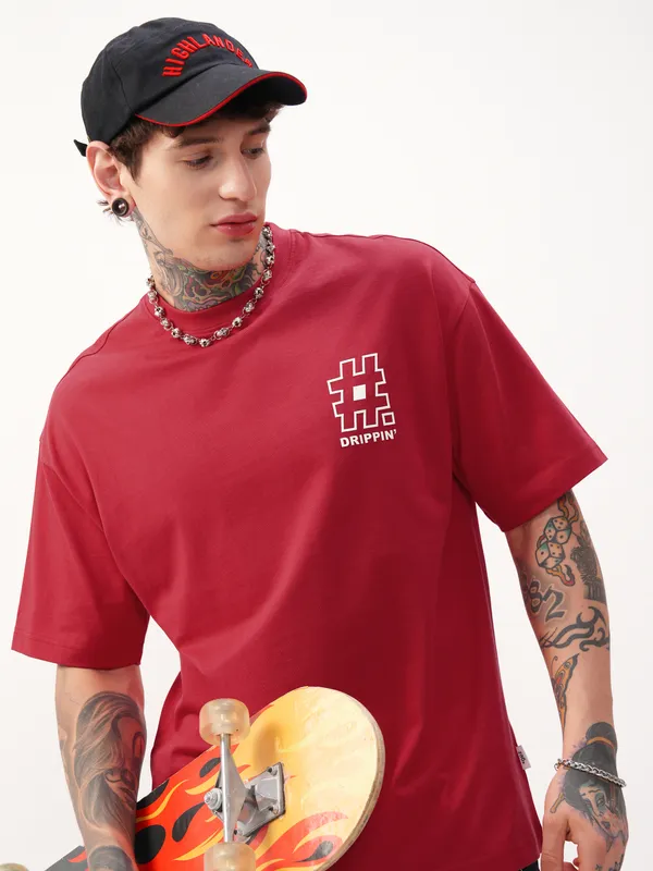 Highlander Men Red Printed Round Neck Oversized Fit T-Shirt