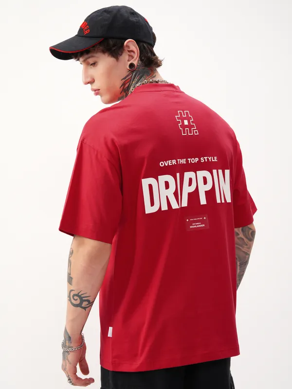 Highlander Men Red Printed Round Neck Oversized Fit T-Shirt