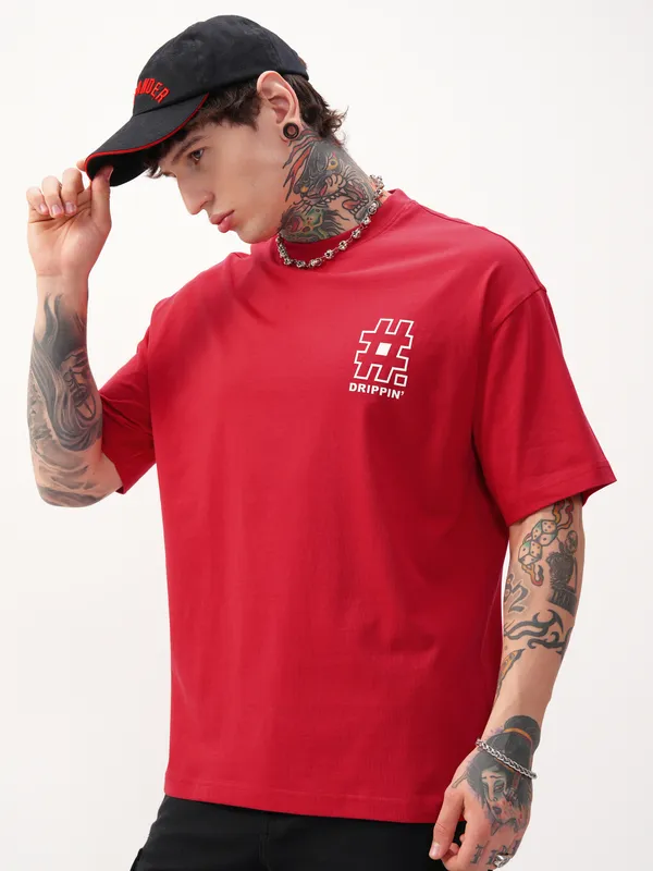 Highlander Men Red Printed Round Neck Oversized Fit T-Shirt