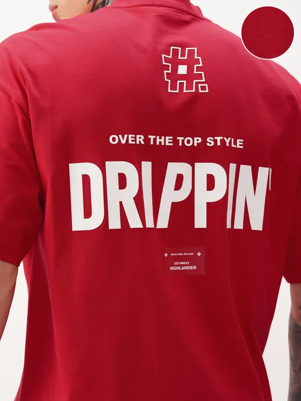 Highlander Men Red Printed Round Neck Oversized Fit T-Shirt