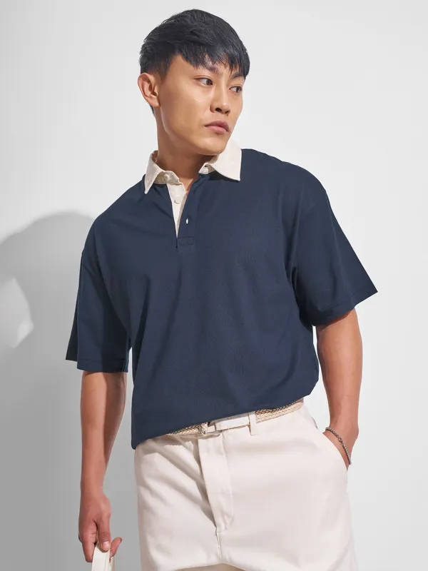 Highlander Men Navy Blue Solid Polo Collar T-Shirt