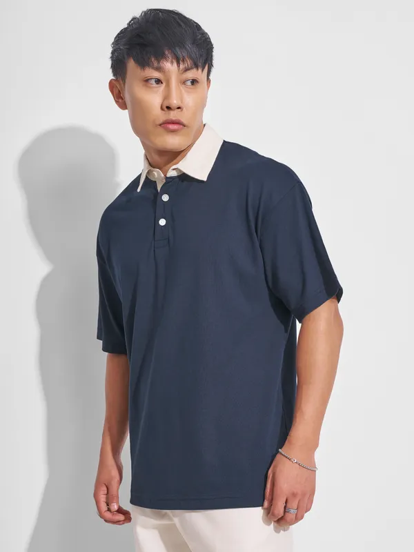 Highlander Men Navy Blue Solid Polo Collar T-Shirt