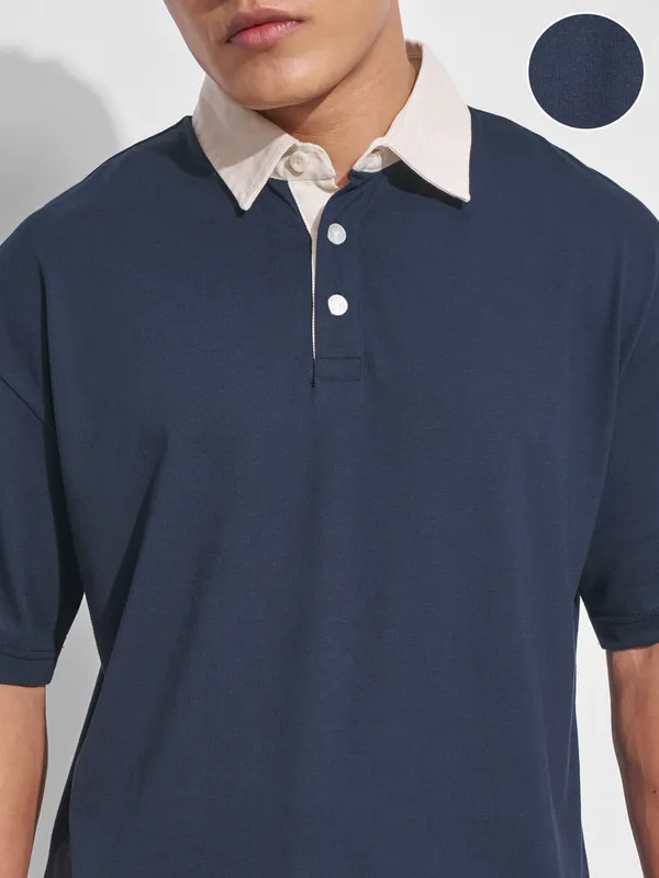Highlander Men Navy Blue Solid Polo Collar T-Shirt