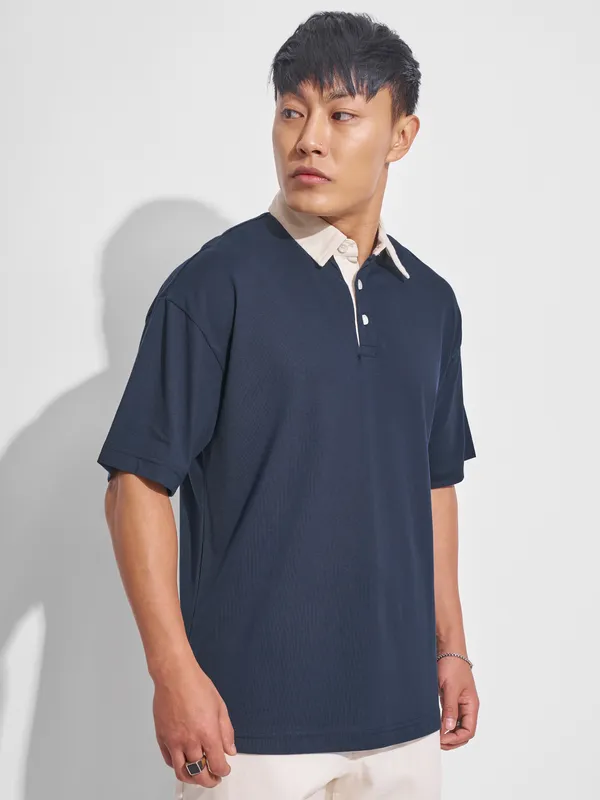 Highlander Men Navy Blue Solid Polo Collar T-Shirt