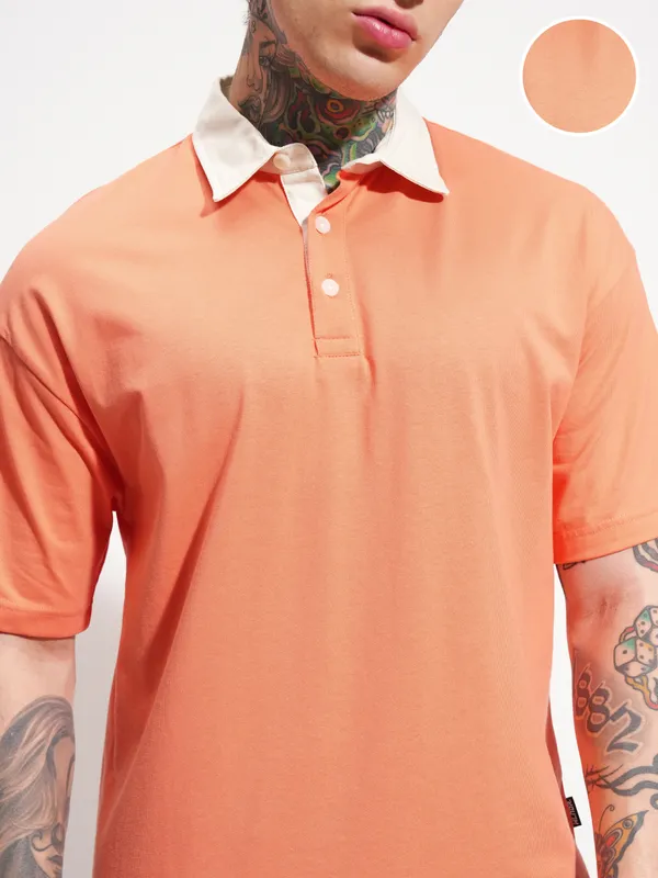 Highlander Men Coral Solid Polo Collar T-Shirt