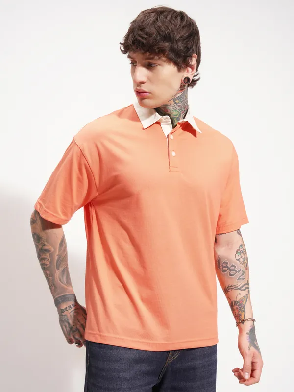 Highlander Men Coral Solid Polo Collar T-Shirt
