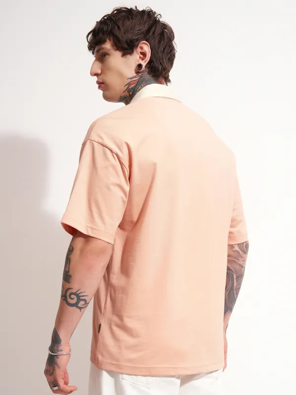 Highlander Men Peach Solid Polo Collar T-Shirt