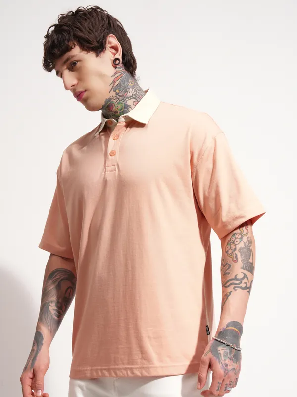 Highlander Men Peach Solid Polo Collar T-Shirt