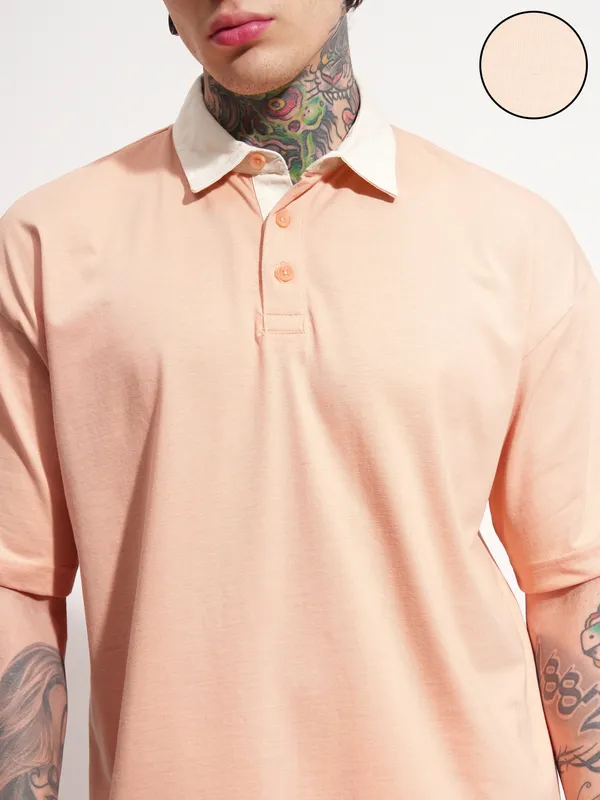 Highlander Men Peach Solid Polo Collar T-Shirt