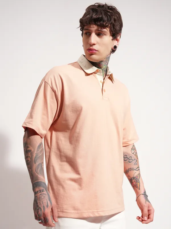 Highlander Men Peach Solid Polo Collar T-Shirt
