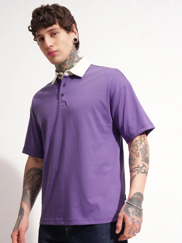 Highlander Men Purple Solid Polo Collar T-Shirt