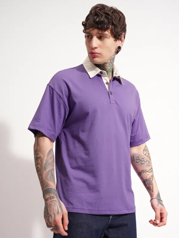 Highlander Men Purple Solid Polo Collar T-Shirt