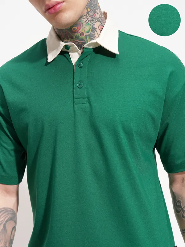 Highlander Men Green Solid Polo Collar T-Shirt