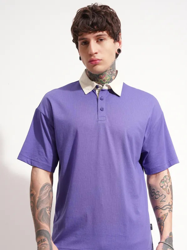 Highlander Men Purple Solid Polo Collar T-Shirt
