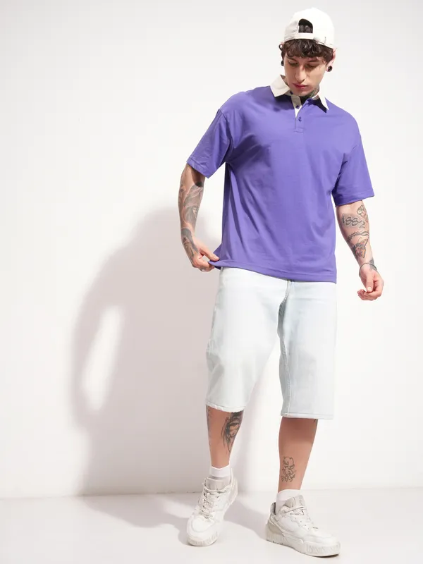 Highlander Men Purple Solid Polo Collar T-Shirt