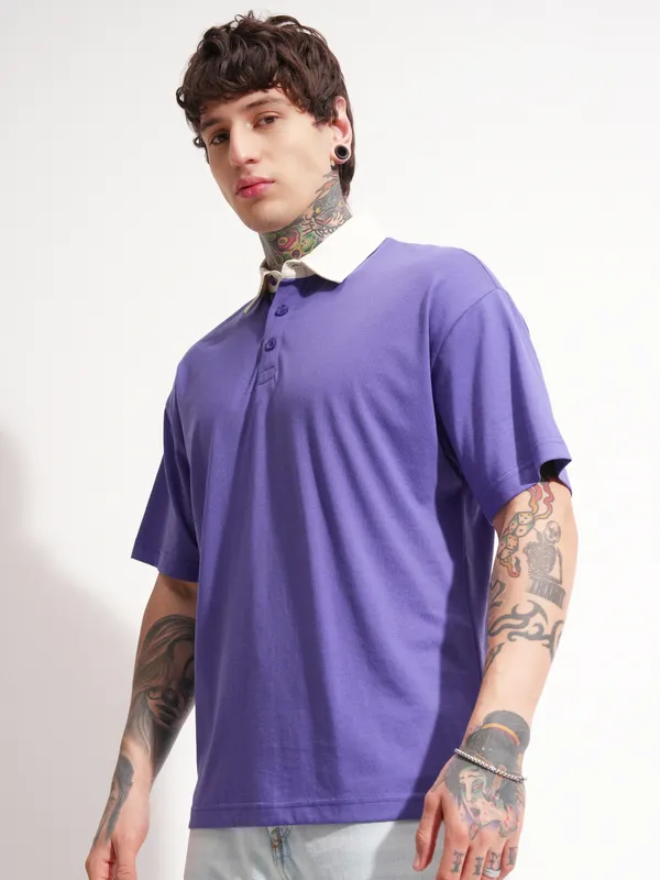 Highlander Men Purple Solid Polo Collar T-Shirt