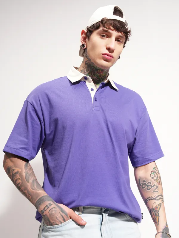 Highlander Men Purple Solid Polo Collar T-Shirt