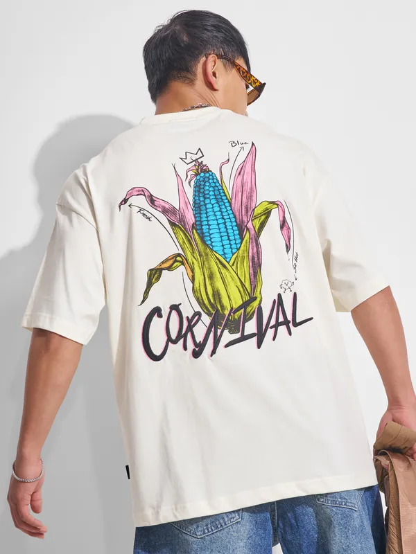 Highlander Men Off White Printed Round Neck Oversized Fit T-Shirt