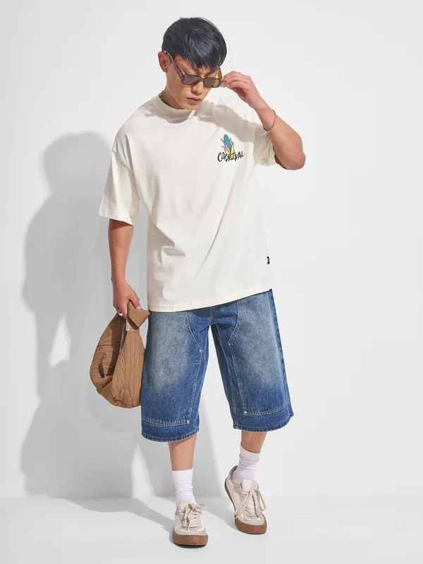 Highlander Men Off White Printed Round Neck Oversized Fit T-Shirt