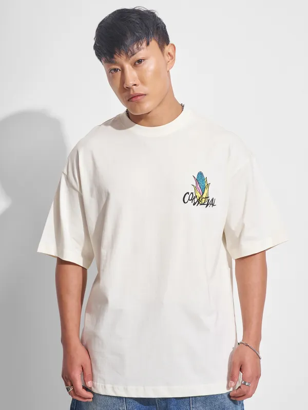 Highlander Men Off White Printed Round Neck Oversized Fit T-Shirt