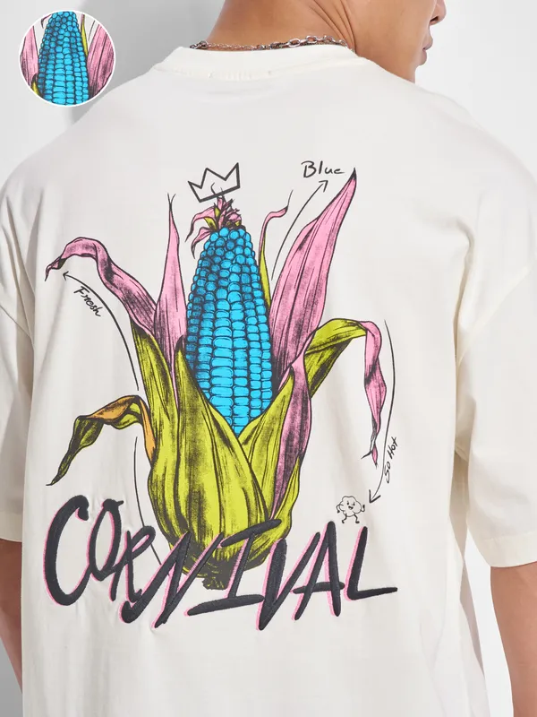 Highlander Men Off White Printed Round Neck Oversized Fit T-Shirt